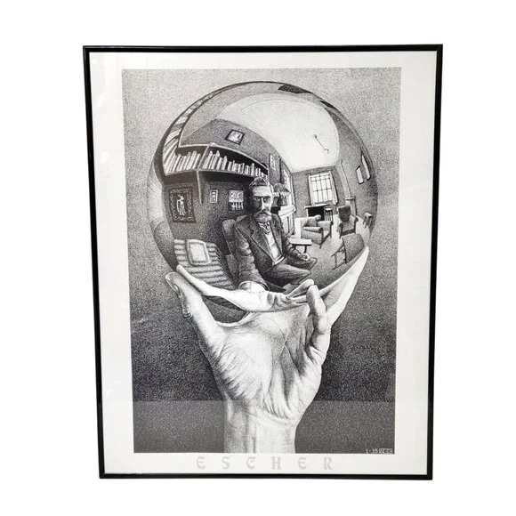 M.C. Escher Hand With Reflecting Sphere Framed Art Print 1-35 Black & White Fram - Picture 1 of 6